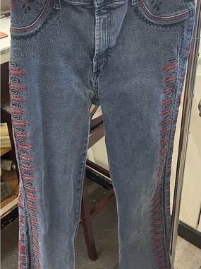 Embroidered Dark Blue Wide-Leg Jeans with Red Trim
